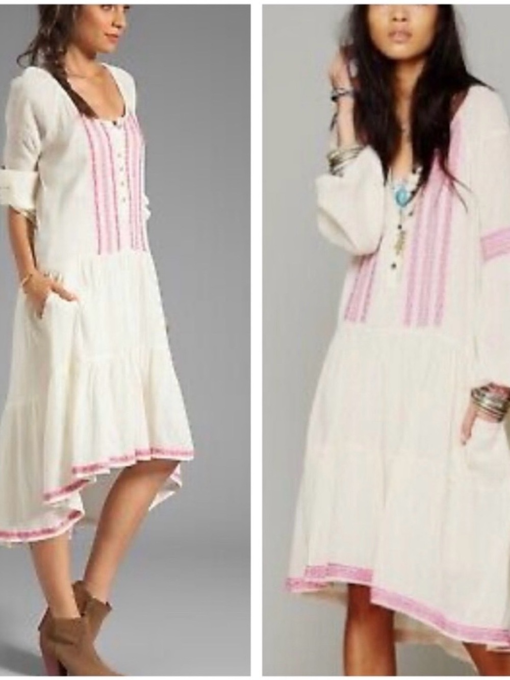 Free People White High-Low Peasant Dress with Pink Embroidery